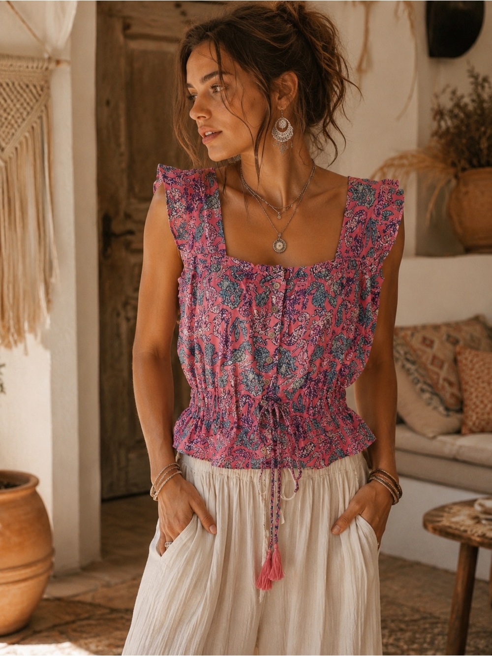 NWT Simply Southern Top Seahorses blue elastic waist sleeveless ruffle detail XL